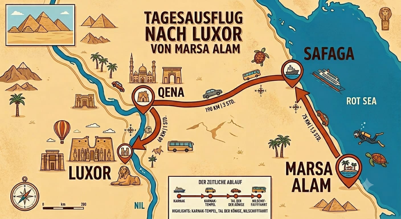 Magischer Tagesausflug von Marsa Alam nach Luxor: Privat & mit einem Ägyptologe 1 > Routenkarte für den Tagesausflug von Marsa Alam nach Luxor über Safaga und Qena mit Entfernungen und Fahrzeiten.<br />