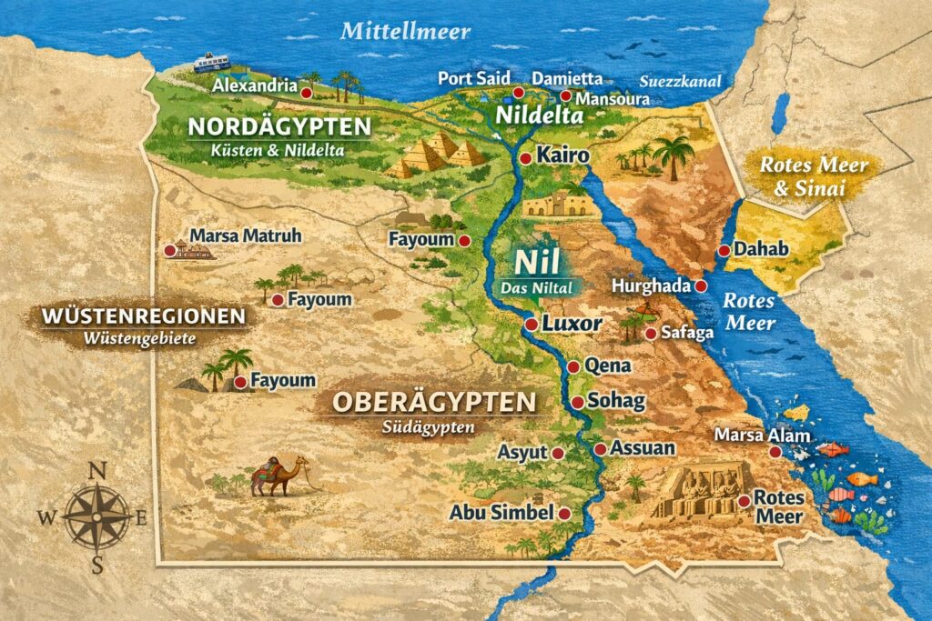 Kartw von Ägypten zeigt die Regionen von Ägypten und die Badeorten.Diese Karte zeigt auch das rote Merr und den Nil