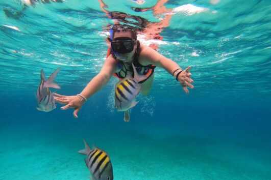 Kunde beim Schnorcheln im klaren Wasser der Qulaan Inseln beim Malediven Insel Ägypten Ausflugs ab Marsa Alam im Roten Meer