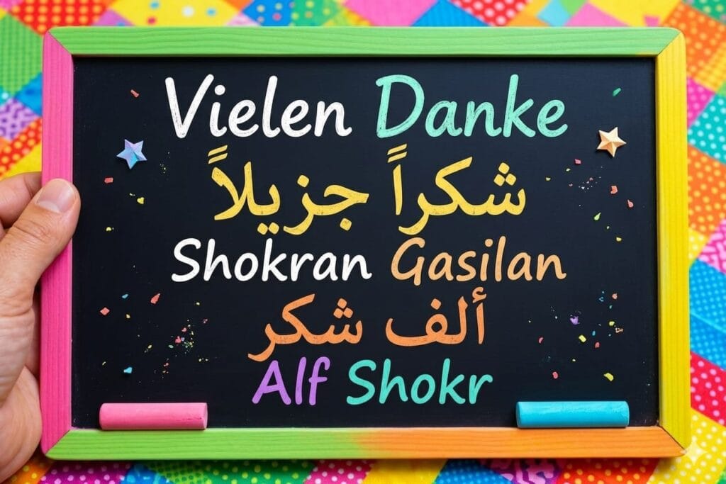  * Ein bunter Kreidetafel-Rahmen zeigt verschiedene Arten, sich auf Arabisch zu bedanken. Darunter stehen die Texte "Vielen Dank", "Shokran Gasilan" (شكراً جزيلاً) und "Alf Shokr" (ألف شكر) in farbigen Buchstaben.
