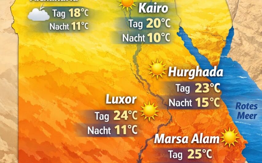 Wetter in Ägypten im Februar – Temperaturkarte von Ägypten mit durchschnittlichen Tages- und Nachttemperaturen