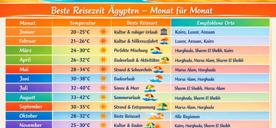Eine Tabelle die nach Monaten zeigt ,was die beste Reisezeit Ägypten.Sie Zeigt auch die empfohlen Orten je nach Monat