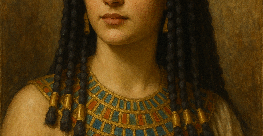 Historische Darstellung von Kleopatra VII auf ihrem goldenen Thron im ägyptischen Palast – Symbol für Macht und Schönheit im alten Ägypten.