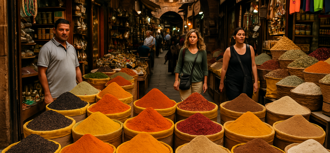 Traditioneller Gewürzladen in Ägypten mit vielfältigen Ägypten Gewürze in offenen Säcken und Gläsern.