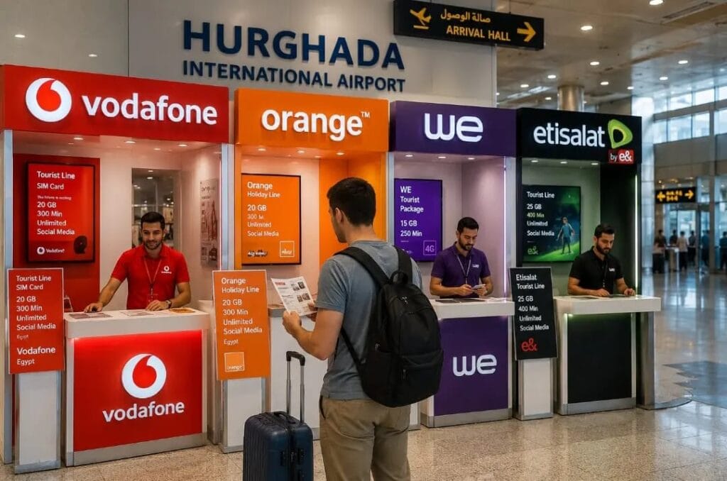 Vergleich der SIM-Karten-Anbieter Vodafone Egypt, Orange Egypt, WE und Etisalat am Flughafen Hurghada
