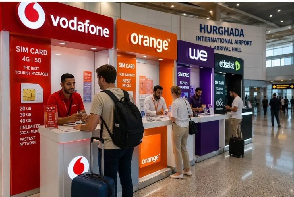 Sim-Karte Ägypten Flughafen Hurghada – Touristen kaufen eine Prepaid-SIM bei den Mobilfunkanbietern im Ankunftsbereich.

