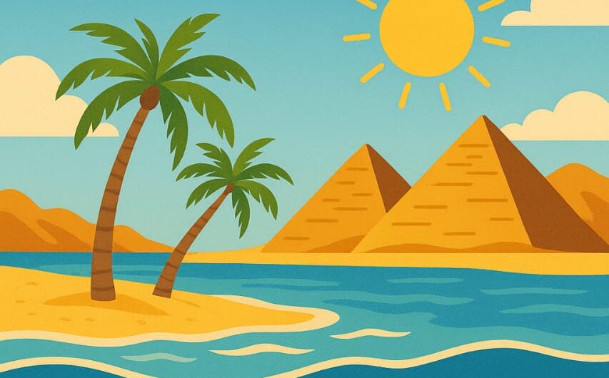 Illustration zum Wetter im April in Ägypten mit Sonne, warmem Meer, tropischen Palmen, Fischen und Pyramiden im Hintergrund – perfekte Bedingungen für einen Badeurlaub.
