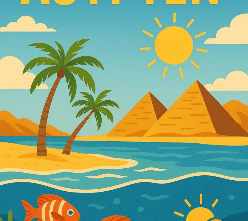 Illustration zum Wetter im April in Ägypten mit Sonne, warmem Meer, tropischen Palmen, Fischen und Pyramiden im Hintergrund – perfekte Bedingungen für einen Badeurlaub.