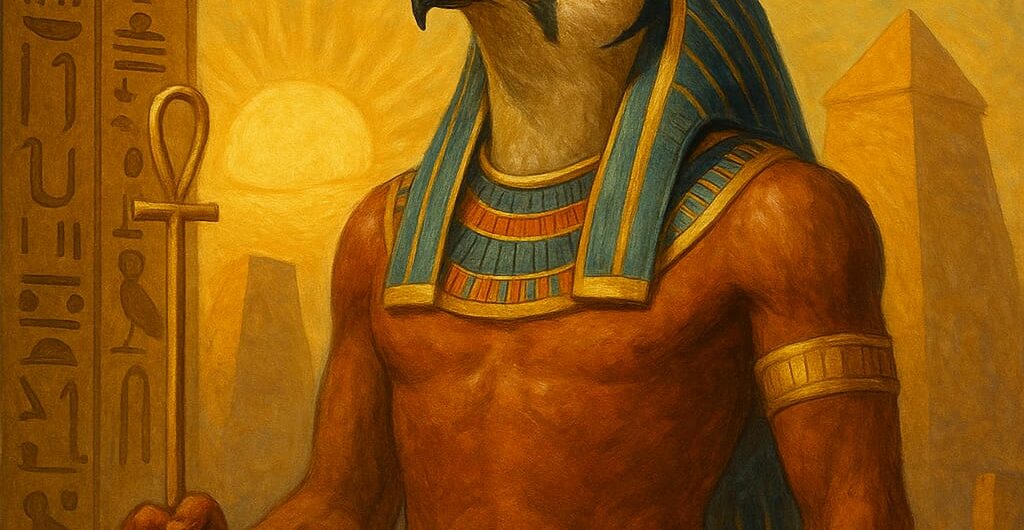 Re der Sonnengott mit Falkenkopf und Sonnenscheibe – klassische Darstellung von Re Sonnengott im Stil altägyptischer Kunst.