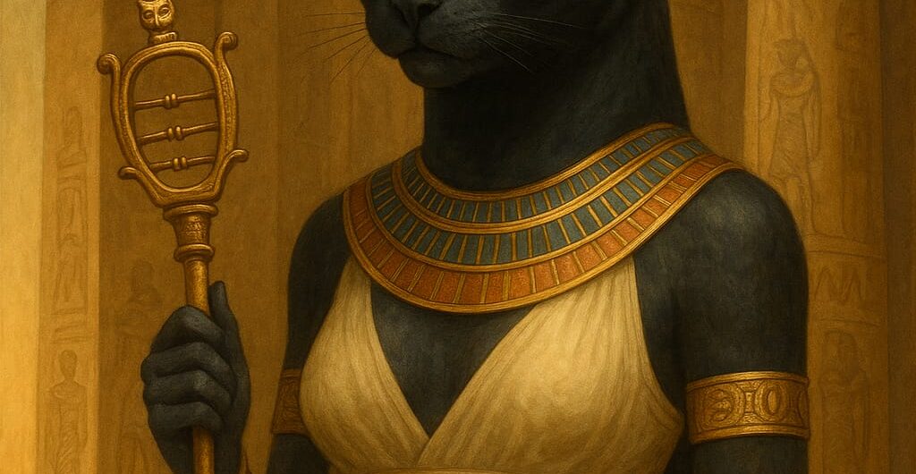 Darstellung der ägyptische Katzengöttin Bastet mit Sonnenkrone und Sistrum vor einem Tempel.