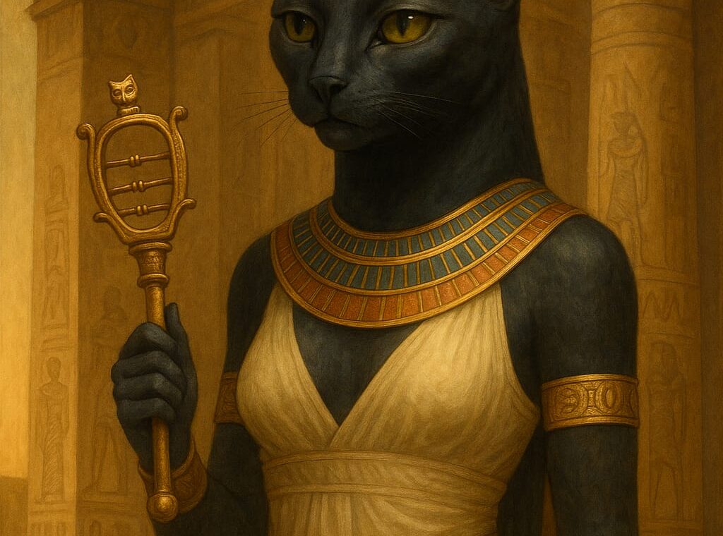 Darstellung der ägyptische Katzengöttin Bastet mit Sonnenkrone und Sistrum vor einem Tempel.