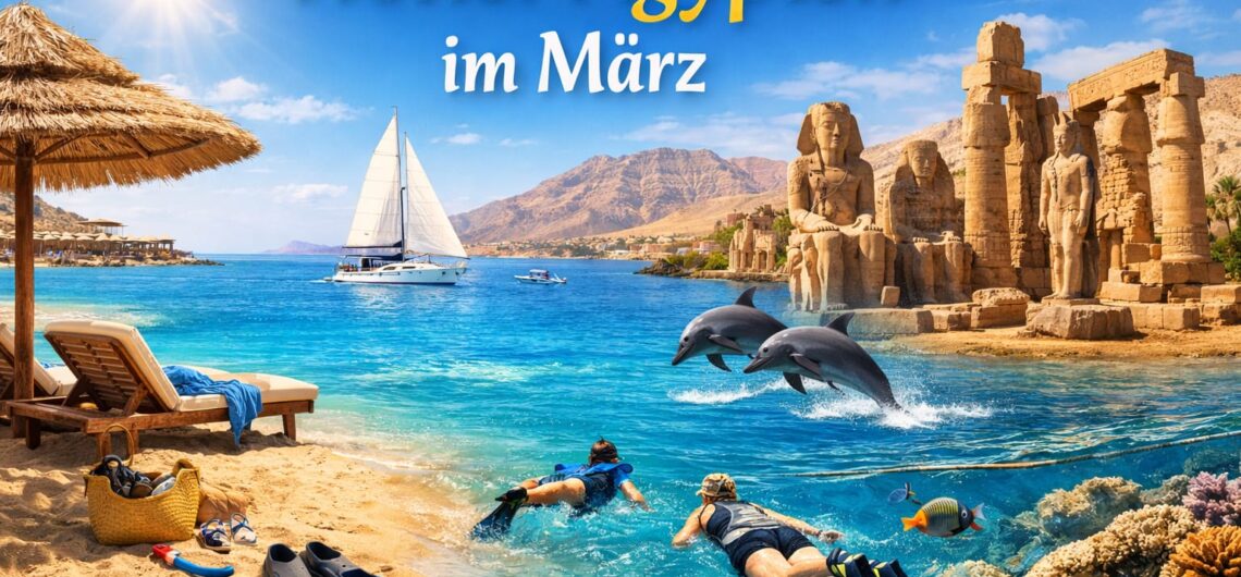 Wetter Ägypten im März – Sonniges Klima in Hurghada mit blauem Himmel, klarem Meer und idealen Bedingungen für Strandurlaub und Ausflüge