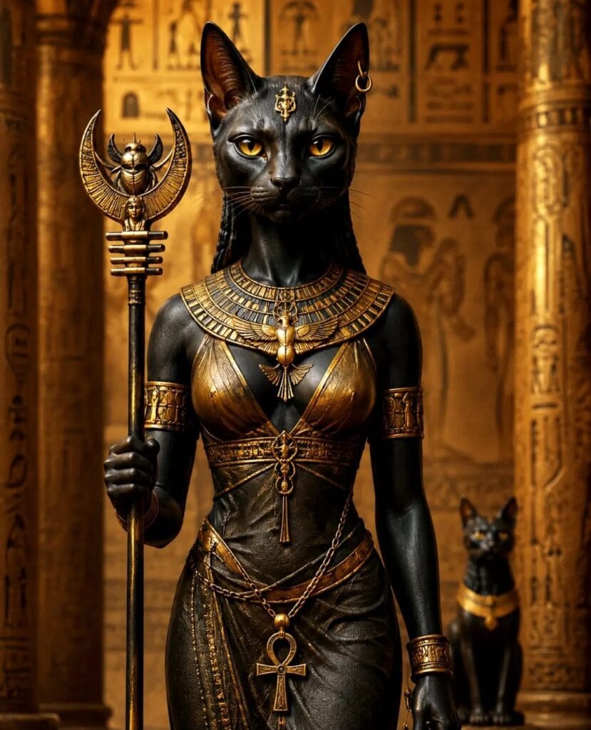 Bastet Ägypten – Darstellung der berühmten Katzengöttin mit Katzenkopf im Stil des alten Ägyptens.
