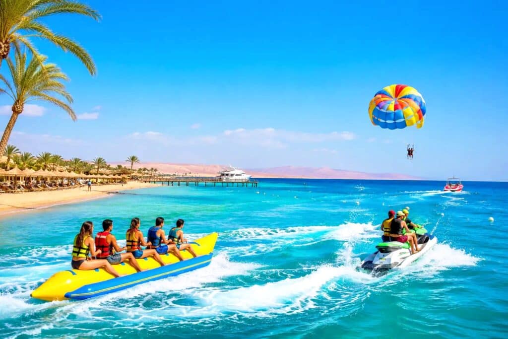 Hurghada im Oktober mit sonnigem Strand, türkisblauem Roten Meer und Wassersport wie Parasailing, Jetski und Banana Boat bei idealem Urlaubswetter.
