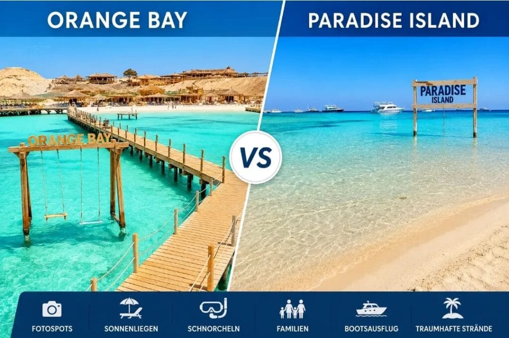 Vergleich zwischen Orange Bay und Paradise Island in Hurghada mit traumhaften Sandstränden, türkisblauem Wasser, Bootsausflug, Schnorcheln und den wichtigsten Unterschieden für Urlauber am Roten Meer.
