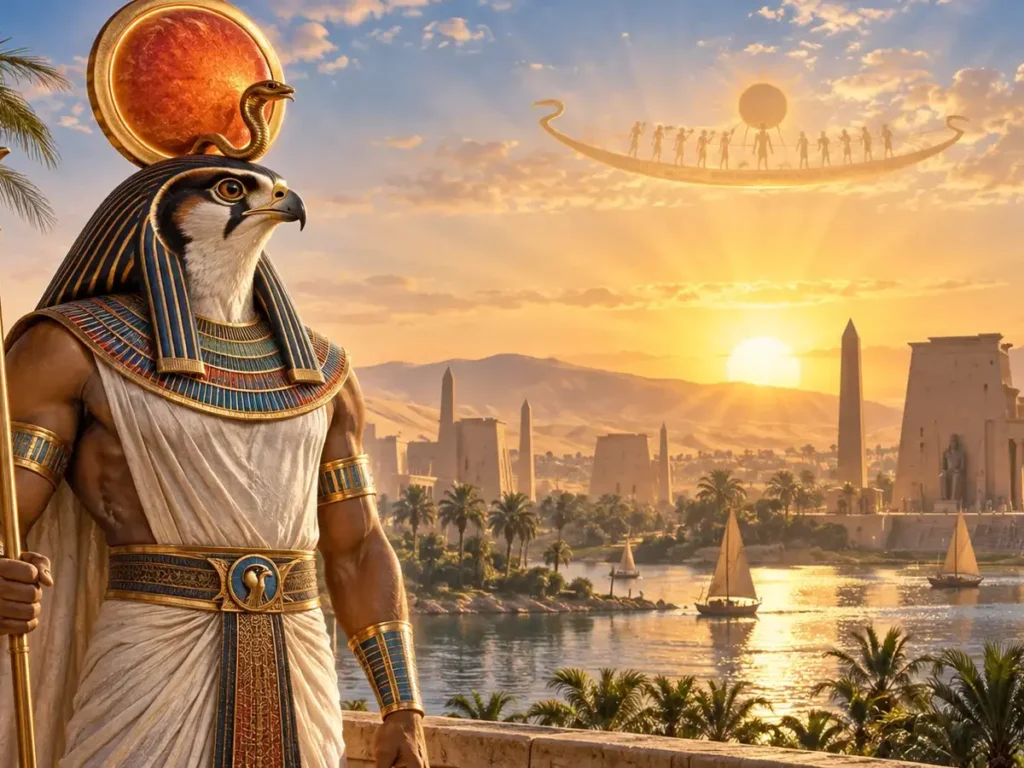 Sonnengott Re mit Falkenkopf und Sonnenscheibe im alten Ägypten