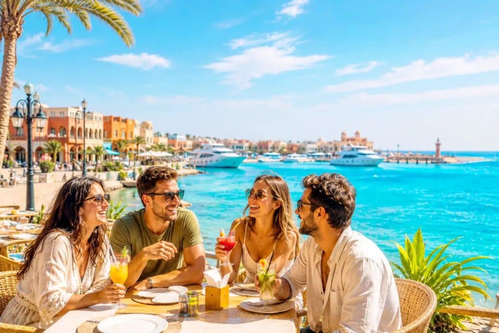 Wetter Hurghada Oktober Erfahrungen – Urlauber genießen sonniges Wetter, die Marina und das Rote Meer in Hurghada im Oktober.