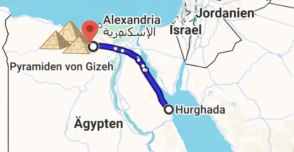 Hurghada–Pyramiden Entfernung: Die wichtigsten Infos kompakt erklärt 9 Entfernung Hurghada Pyramiden auf der Karte von Ägypten mit markierter Route