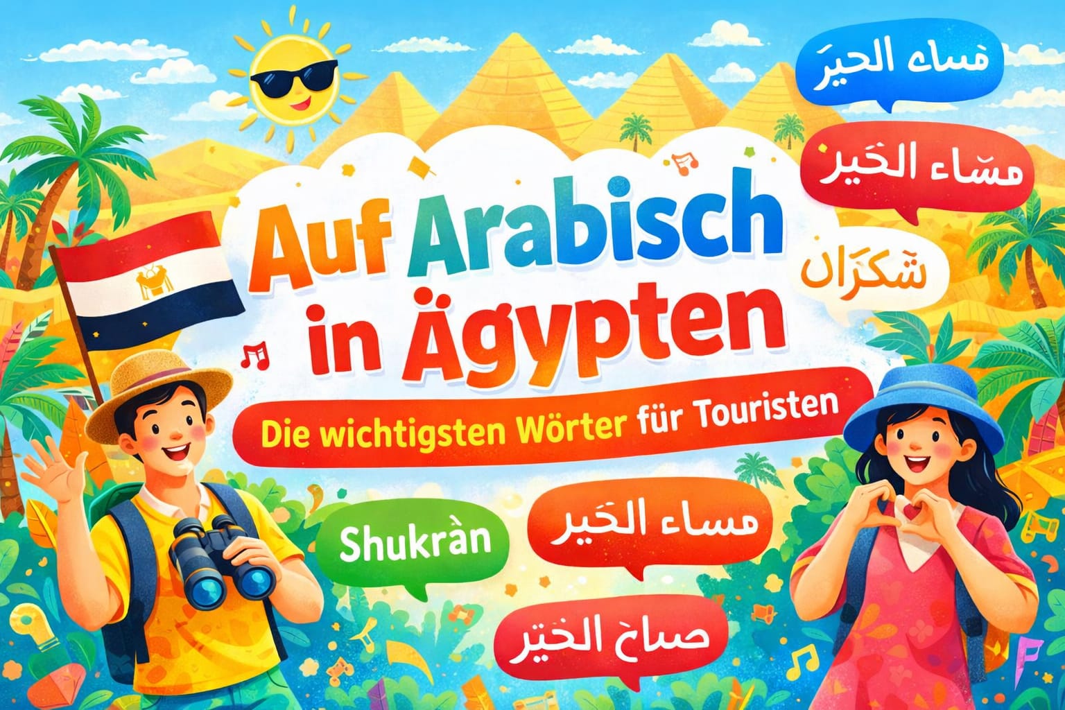 Auf Arabisch in Ägypten – Bunte Illustration mit Touristen, Pyramiden, Strand und arabischen Wörtern wie Guten Tag, Guten Abend und Danke 