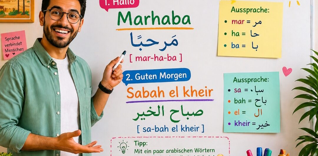 Illustration eines Lehrers, der das Wort Hallo auf ägyptisch erklärt und die ägyptische Begrüßung „Ahlan“ sowie die Aussprache im Arabischen vermittelt