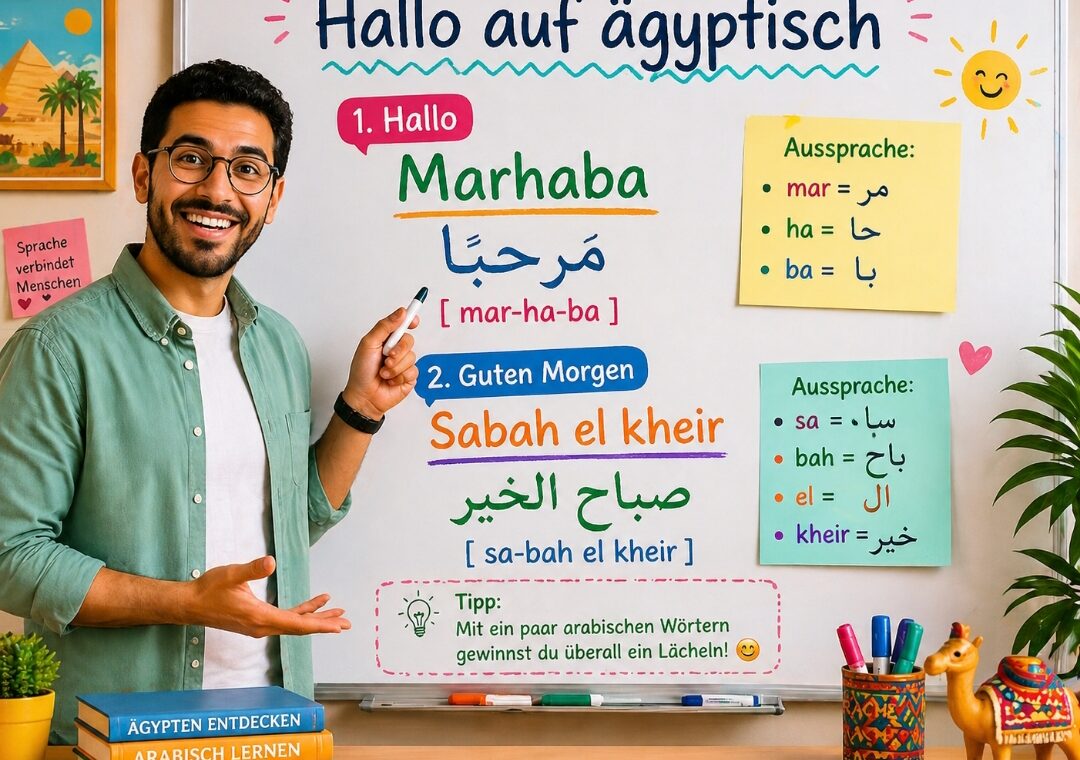 Illustration eines Lehrers, der das Wort Hallo auf ägyptisch erklärt und die ägyptische Begrüßung „Ahlan“ sowie die Aussprache im Arabischen vermittelt