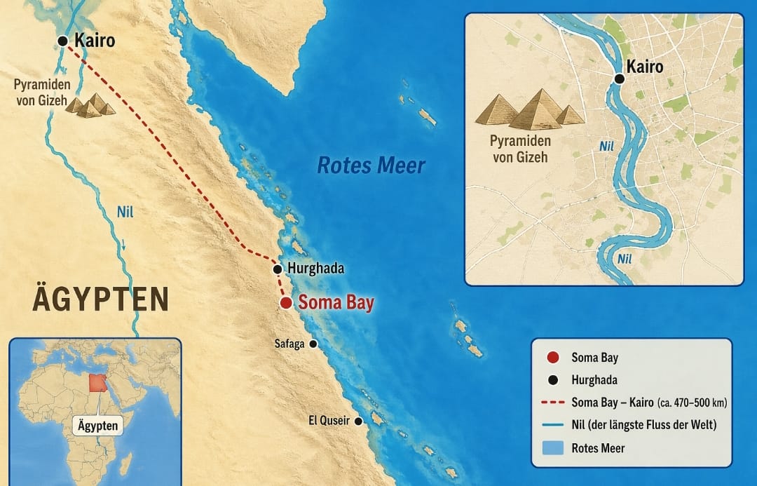 wie weit ist es von Soma Bay zu den Pyramiden 1 Diese Karte zeigt wie weit ist es von Soma Bay zu den Pyramiden in Kairo