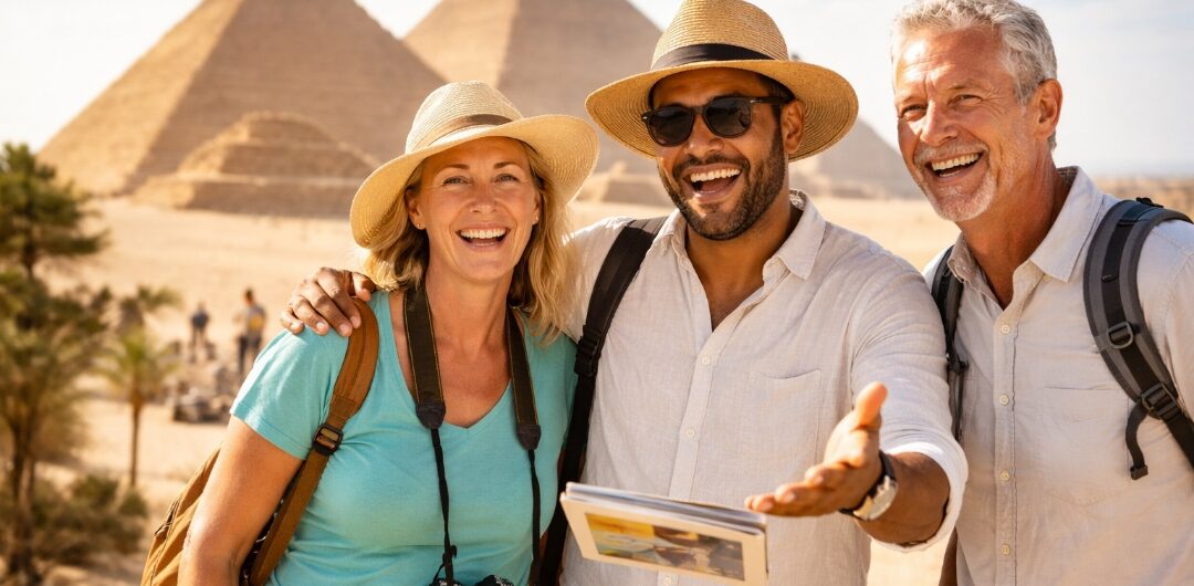 Ein ägyptischer Reiseleiter mit deutschen Touristen lächelt vor den Pyramiden von Gizeh während einer kulturellen Besichtigungstour in Ägypten – sind deutsche in Ägypten beliebt.