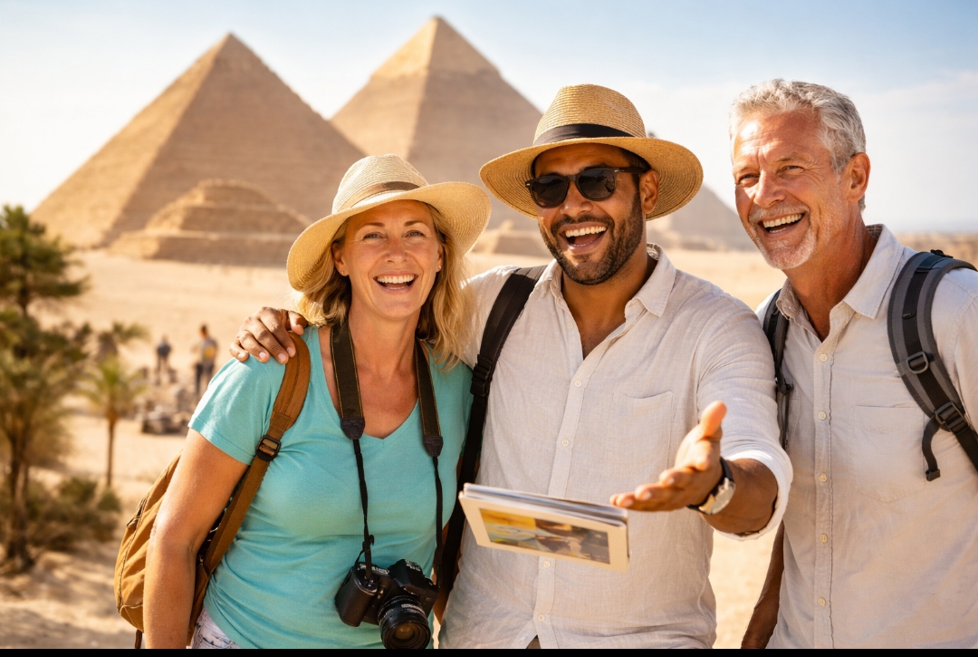 Sind Deutsche in Ägypten beliebt? Gründe aus dem Alltag eines Reiseführers 2 Ein ägyptischer Reiseleiter mit deutschen Touristen lächelt vor den Pyramiden von Gizeh während einer kulturellen Besichtigungstour in Ägypten – sind deutsche in Ägypten beliebt.
