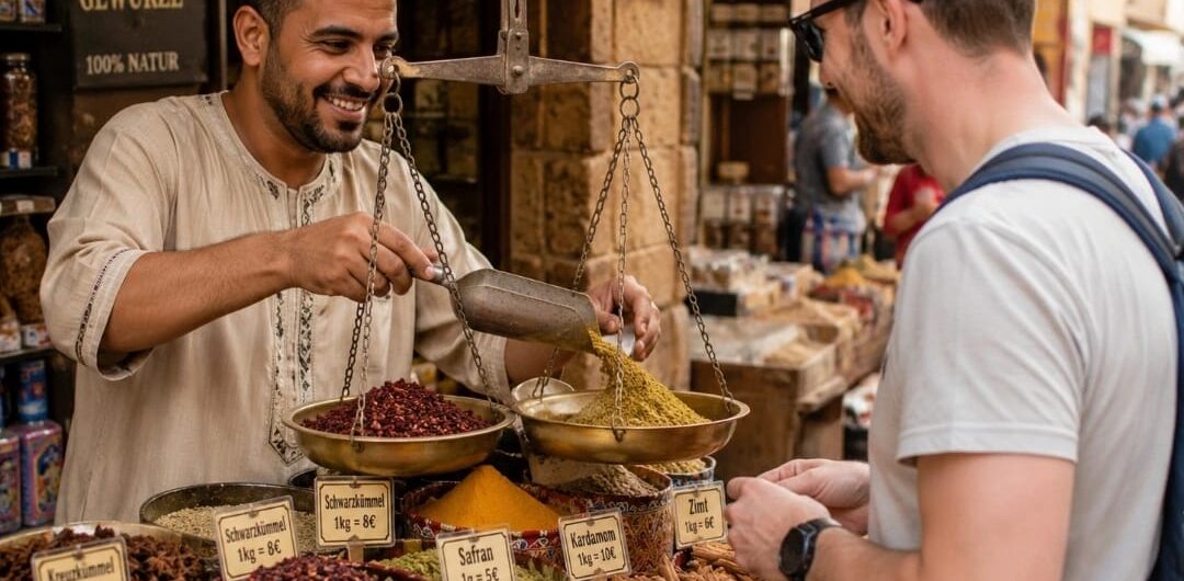 Ägyptischer Gewürzhändler wiegt traditionelle Gewürze für Touristen mit einer Waage auf einem Markt in Ägypten – Preise der ägyptischen Gewürze im authentischen Einkaufserlebnis