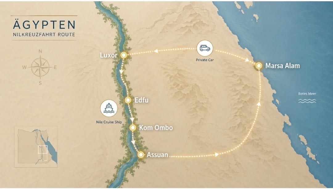 Info-Karte der Reiseroute für die 5 Tage Nilkreuzfahrt von Marsa Alam nach Luxor, Edfu, Kom Ombo und Assuan.