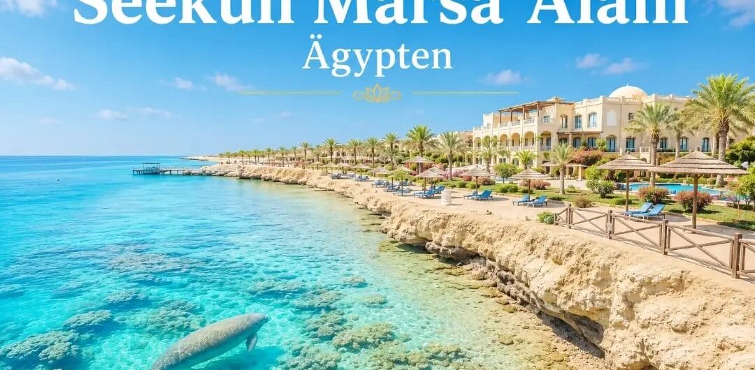 Seekuh (Dugong) schwimmt in den türkisblauen Gewässern von Marsa Alam Ägypten vor einem sonnigen Luxus-Resort am Roten Meer mit klarer Sicht auf Korallen und Strandlandschaft.