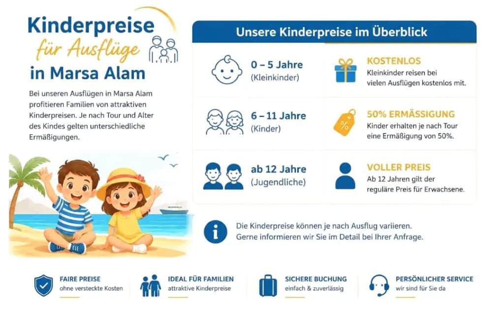 Die bestenTouren Preise Marsa Alam – Alle Ausflüge & Kosten im Überblick 2026 3 Infografik zu den Kinderpreisen für Ausflüge in Marsa Alam mit Ermäßigungen für Familien sowie einer Übersicht über kostenlose und vergünstigte Touren für Kinder.