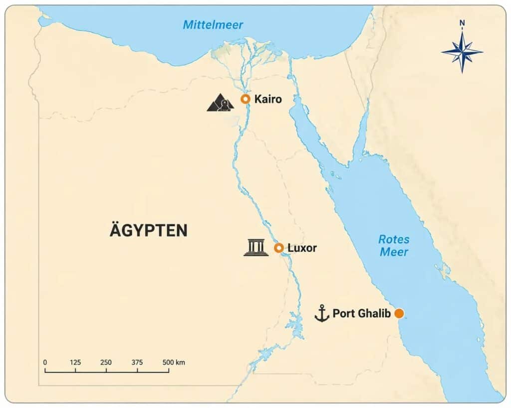 Übersichtskarte mit den Standorten von Port Ghalib, Luxor und Kairo sowie den wichtigsten Ausflugszielen in Ägypten.
