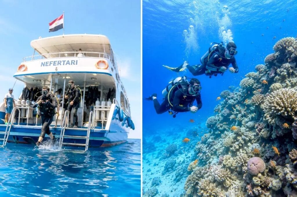 Tauchplätze Marsa Alam – Die schönsten Tauchspots im Roten Meer 2 Beste Tauchspots Marsa Alam – Tauchboot mit Scuba-Tauchern vor dem Korallenriff