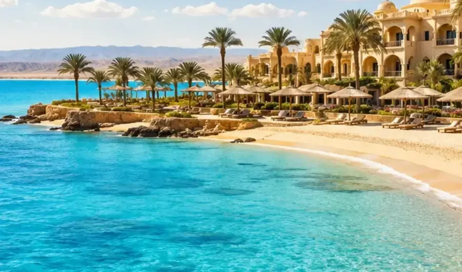 Jahreswetter Marsa Alam mit Sonne, türkisblauem Meer und Strandhotel.
