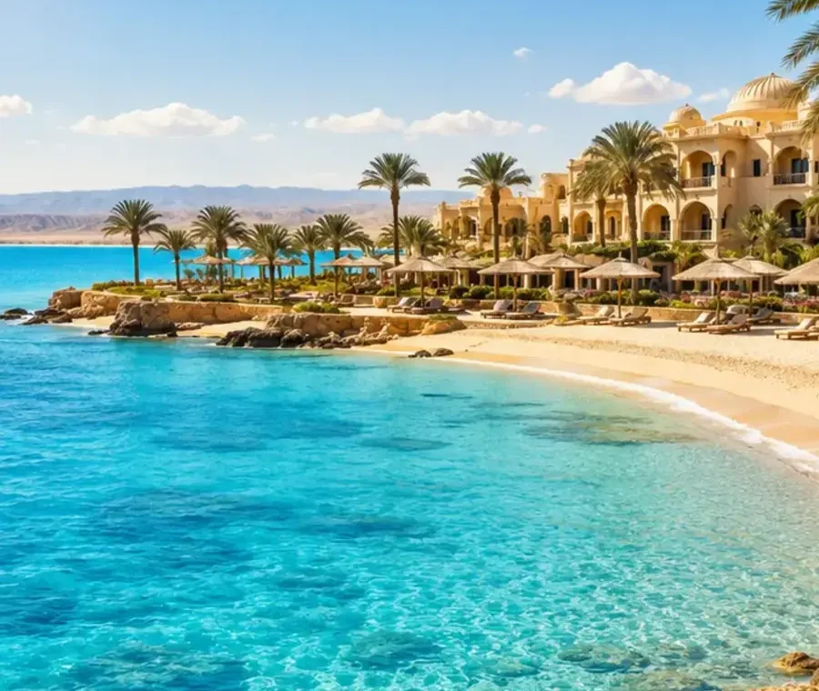 Jahreswetter Marsa Alam mit Sonne, türkisblauem Meer und Strandhotel.