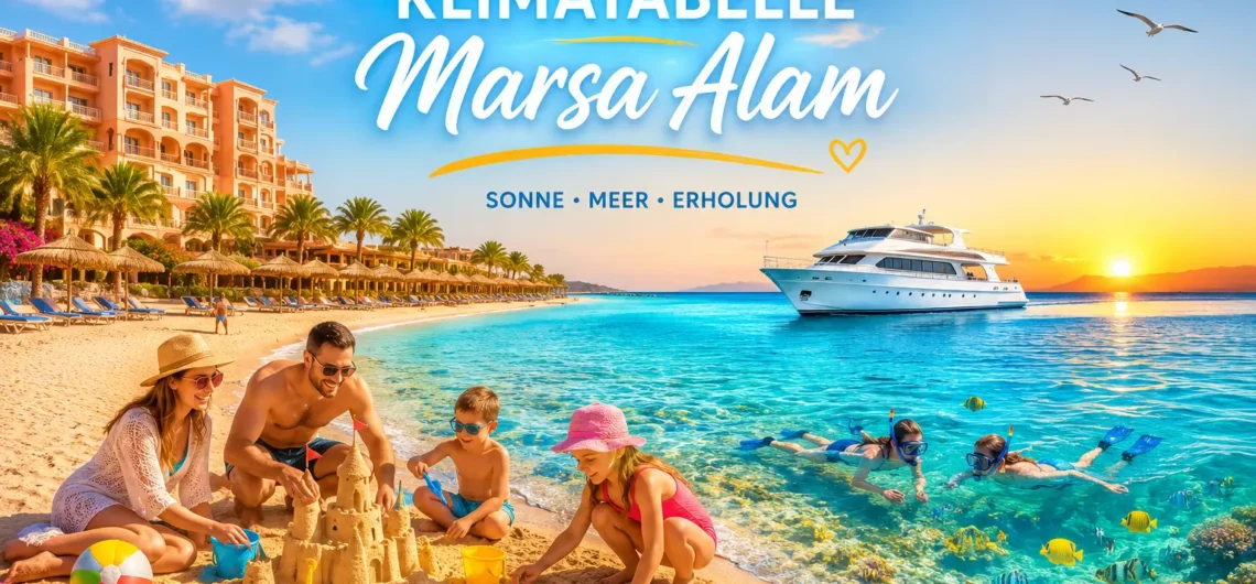 Klimatabelle Marsa Alam – Temperaturen, Wetter & beste Reisezeit 1 Klimatabelle Marsa Alam mit sonnigem Strand, Hotel, Ausflugsboot und Familien am Meer.