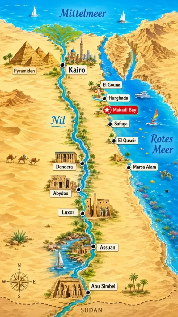 Makadi Bay Bucht Karte mit Hurghada, Marsa Alam, Luxor, Kairo, Nil und Pyramiden.