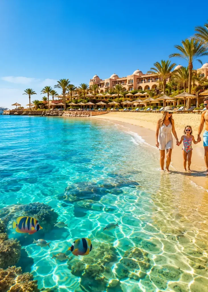 Klimatabelle Marsa Alam – Temperaturen, Wetter & beste Reisezeit 3 Marsa Alam im Sommer mit sonnigem Strand, Hotel, Boot und spielenden Kindern.