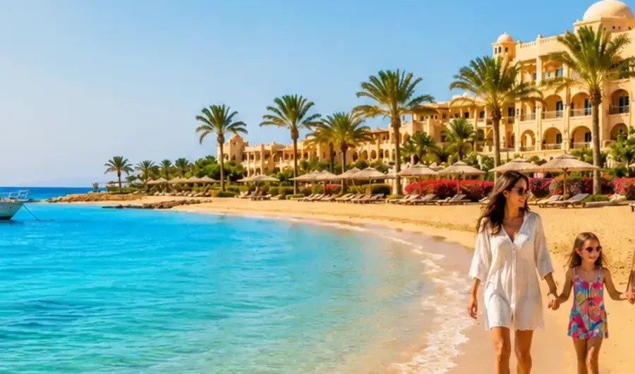Marsa Alam Wetter – beste Reisezeit, Temperaturen und Jahreszeiten 1 Sonniges Marsa Alam Wetter mit Strand, Hotel und Familie am Roten Meer.