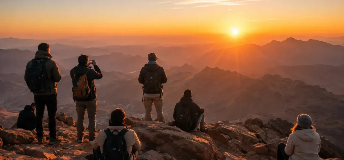Mosesberg Sonnenaufgang – Beste Zeit, Wanderung & Reiseführer 1 Besucher warten auf den Sonnenuntergang am Mosesberg im Sinai.