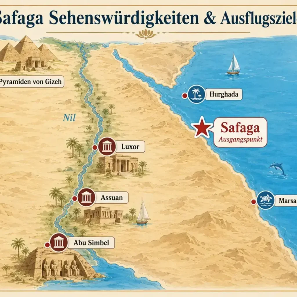 Safaga Sehenswürdigkeiten – Die schönsten Highlights, Strände und Ausflüge in Safaga 4 Safaga Sehenswürdigkeiten – Karte mit Ausflugszielen wie Hurghada, Marsa Alam, Luxor, Assuan, Abu Simbel und den Pyramiden von Gizeh.
