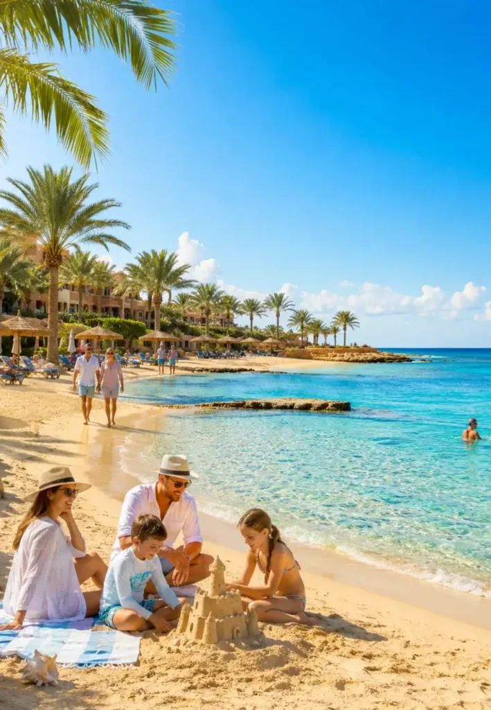 Klimatabelle Marsa Alam – Temperaturen, Wetter & beste Reisezeit 2 Winter in Marsa Alam mit sonnigem Strand, Hotel und Familie am Roten Meer.