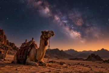 Sternbeobachtung Sharm El Sheikh mit Kamelen und Beduinencamp in der Sinai-Wüste.