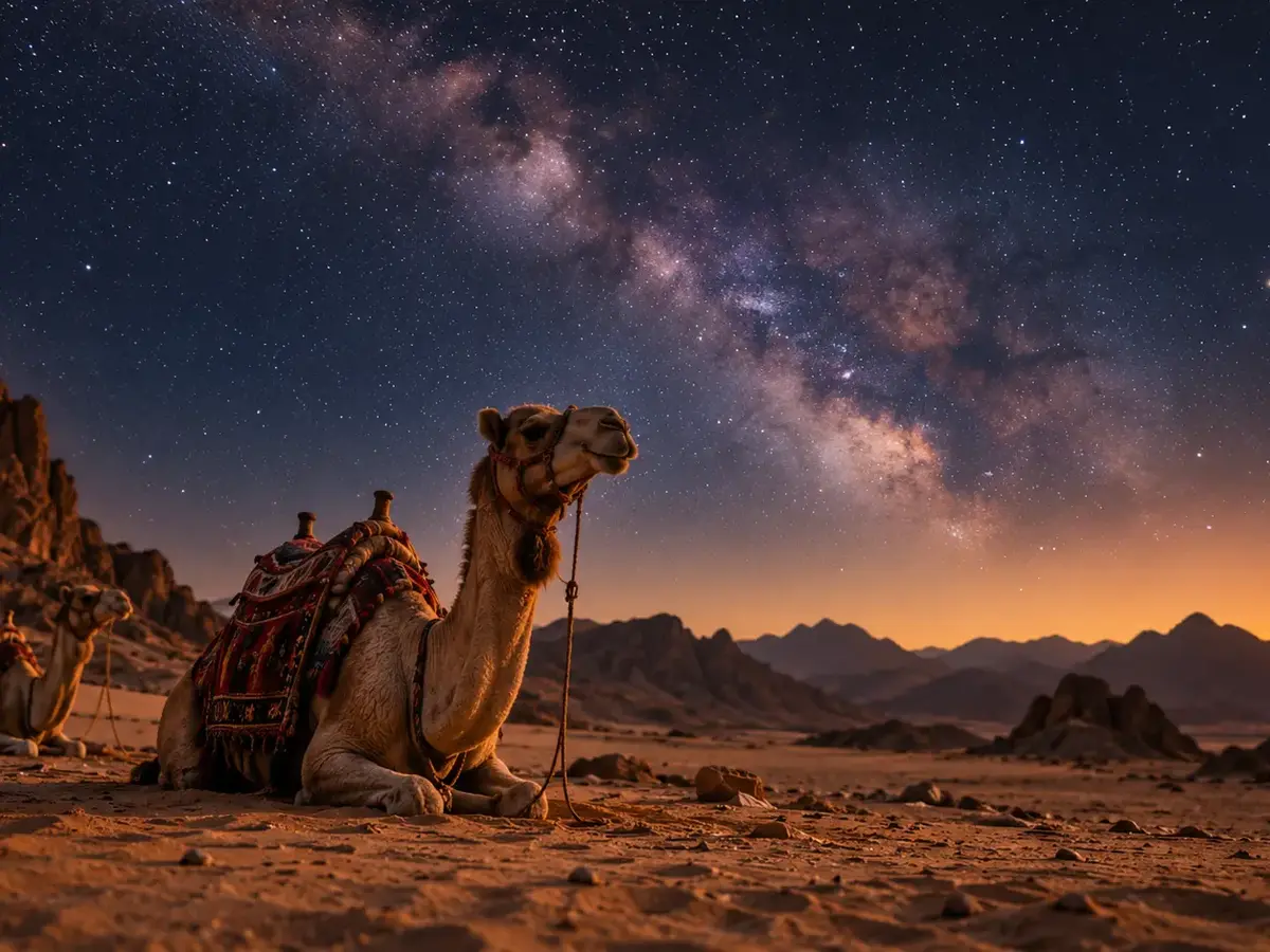 Sternbeobachtung Sharm El Sheikh – Kamelritt, Beduinendinner & Teleskop 1 Sternbeobachtung Sharm El Sheikh mit Kamelen und Beduinencamp in der Sinai-Wüste.