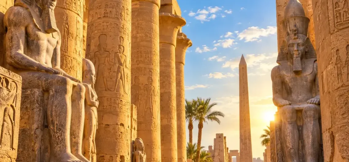 Tempel von Ägypten mit Säulen, Statuen und Obelisk in Luxor.