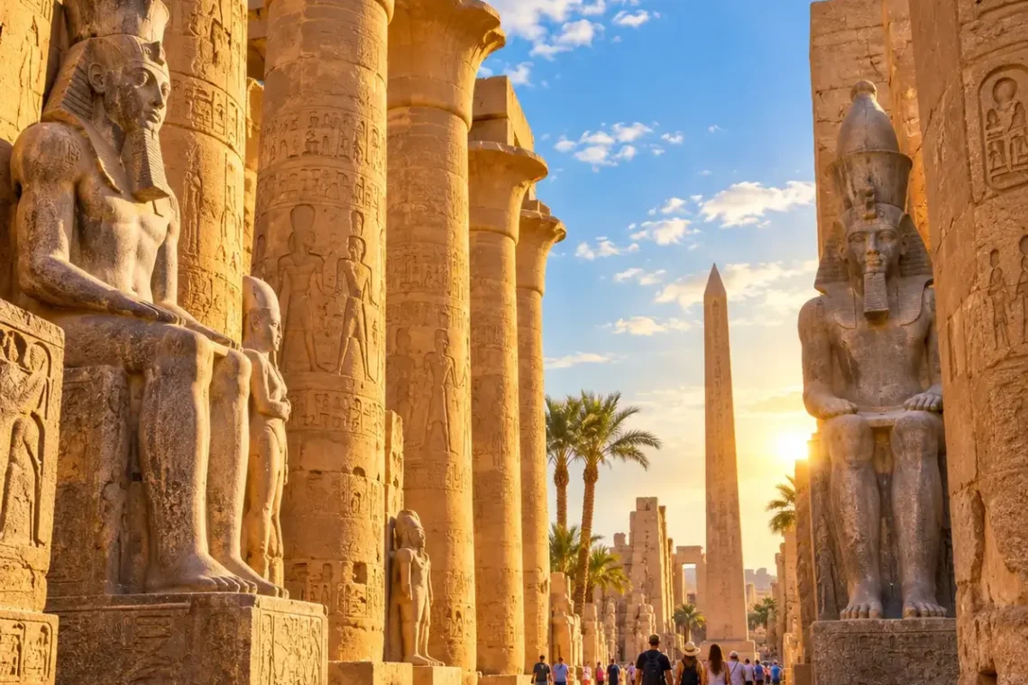 Tempel von Ägypten mit Säulen, Statuen und Obelisk in Luxor.